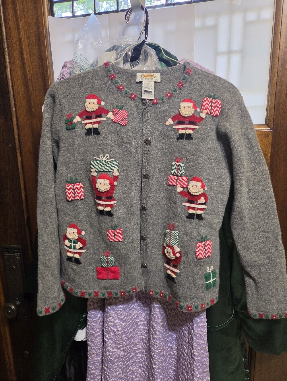 Vintage-Style Santa Cardigan Jacket - Gray with Red & Green, Size Med